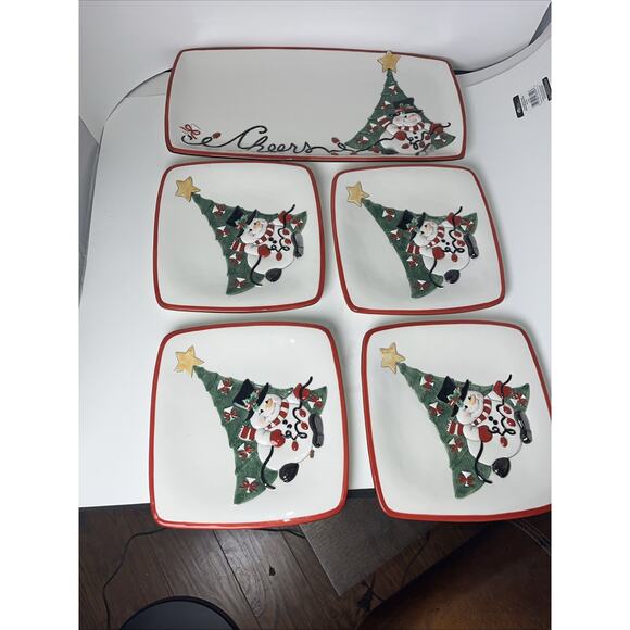 Fitz Floyd Other - Fitz & Floyd 2007 Cheers Christmas LIghts Snowman Snack Canape Plates 4 & Tray